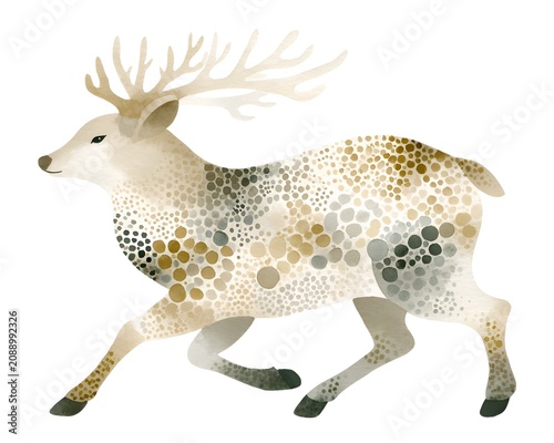 Whimsical watercolor deer running with dotted pattern and antlers on white background