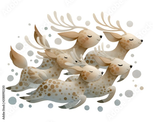 Dreamy watercolor illustration of a herd of spotted deer with antlers, running gracefully with closed eyes amidst soft, floating circles