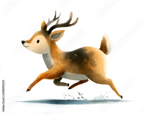 Cute watercolor illustration of a happy deer with antlers running playfully