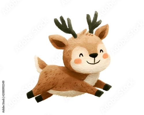 Cute watercolor illustration of a happy baby deer jumping with a joyful smile