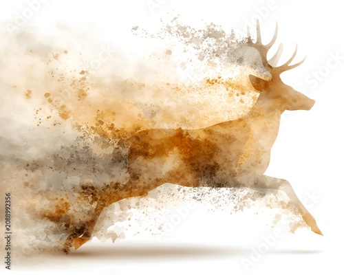 Dynamic watercolor illustration of a running stag dissolving into vibrant artistic splashes