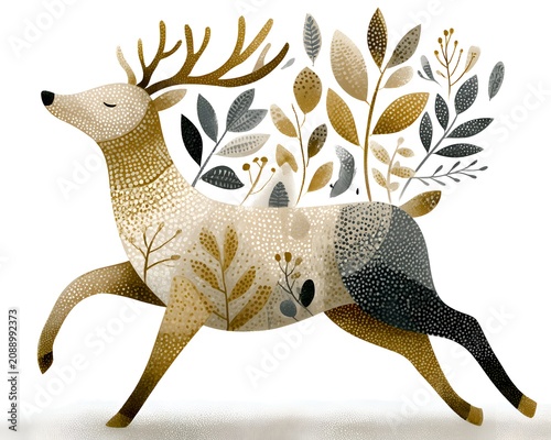 Whimsical deer illustration with botanical elements and textured patterns running gracefully