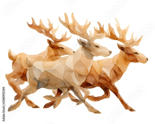 Dynamic watercolor illustration of three running stags with geometric stylization
