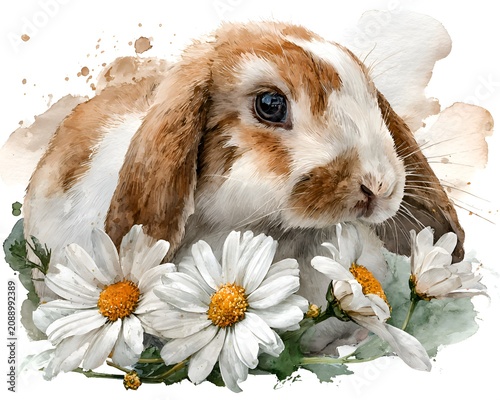 Cute Watercolor Lop-Eared Bunny with White Daisies