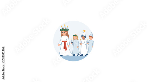 Lucia procession with candles and star boys, Scandinavian tradition, vector illustration