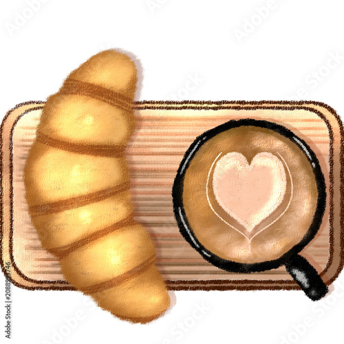 Illustration of a croissant and latte—cafe elements