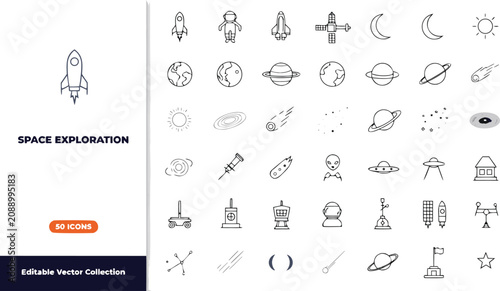 Tableau sur toile Space exploration editable vector collection of fifty icons on white background