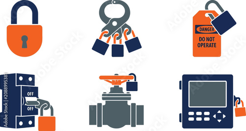 Set of safety lock and tag icons industrial security and lockout tagout symbols for hazard prevention flat vector illustration on white background
