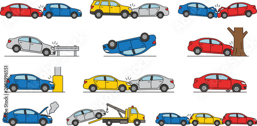 Photography Car Accident and Tow Truck Vector Set Featuring Rollover Crashes, Multi Vehicle