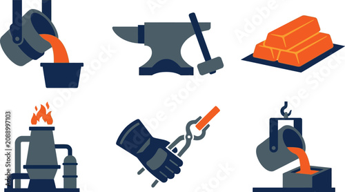 Foto Vector icons illustrating various stages of metallurgy and metalworking includin