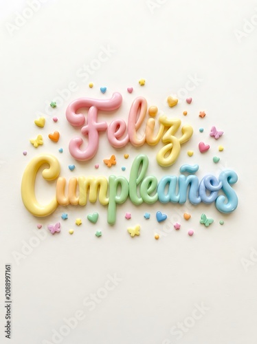 Colorful feliz cumpleanos spanish birthday text with pastel decorations on white