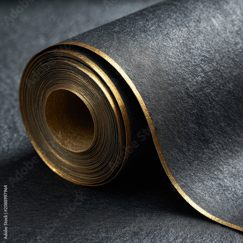 Black gold metallic wallpaper roll gradient texture dark luxury material black gold metallic wallpaper roll with subtle gradient and textured surface, curved sheet edge, elegant abstract