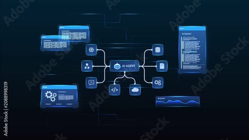 Futuristic AI workflow automation dashboard with ai diagram process, coding panels and data analytics dashboard, looped animation