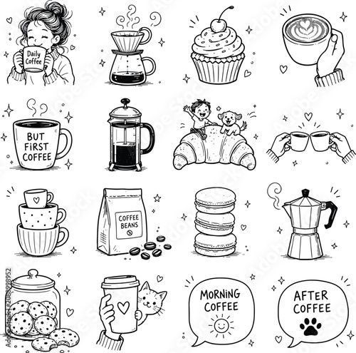 Set of cute hand-drawn coffee and breakfast doodles for cafe menu or social media