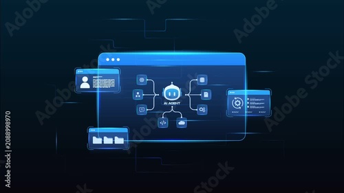 Futuristic AI agent automation workflow diagram dashboard with automation process, digital document and automation system, looped animation