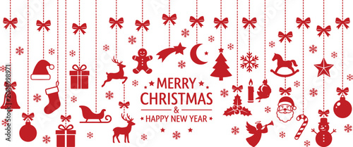 Festive Merry Christmas and Happy New Year hanging ornaments background design with red holiday symbols on white