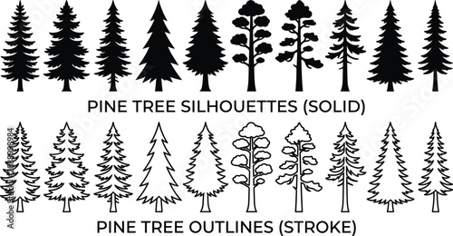 Set of black pine tree silhouettes and outline icons for graphic design projects