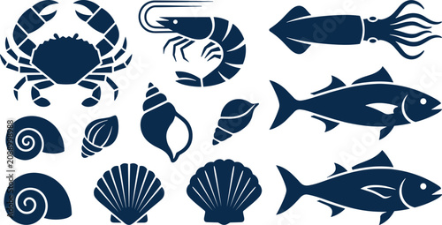 Set of marine life icons including shellfish, crustaceans, and fish silhouettes for seafood menu and nautical design elements