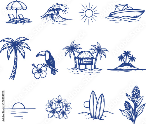 Set of blue hand-drawn beach and tropical summer vacation icons and elements isolated on white background