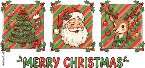 Set of three cute vintage Christmas illustrations featuring a decorated tree, Santa Claus, and a reindeer with red and green diagonal stripes