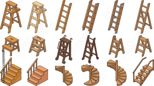 Obraz na plátně Wooden Ladder and Staircase Vector Collection Featuring Isometric Step Stools Ex