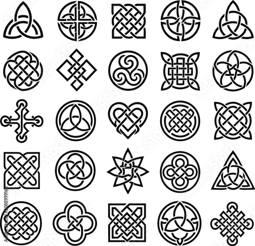 Set of 25 various Celtic knot patterns and ancient traditional Irish symbols for creative design