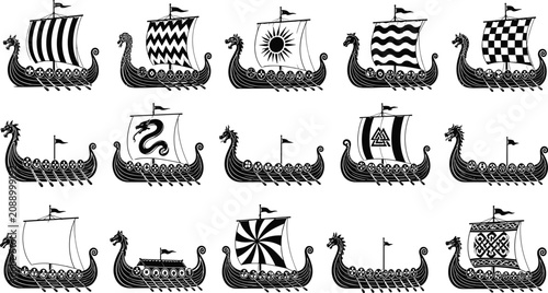 Set of black and white Viking ship illustrations with various patterned sails isolated on white background