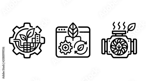 Eco friendly engineering sustainable design platform green energy engine icons with friendly engineering sustainable platform environment innovation technology industry sustainability