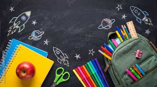 Back to school concept with a backpack, notebooks, and an apple on a black chalkboard background with colorful hand-drawn space elements and rockets.