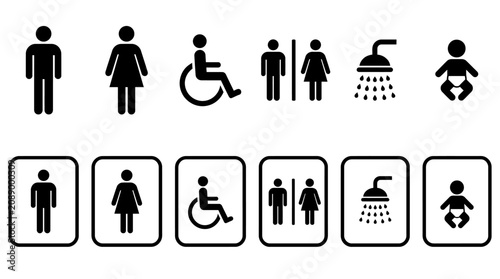 Comprehensive collection of accessibility and restroom pictogram icons for public spaces, featuring wheelchair, gender symbols, baby changing, and universal wayfinding signs.