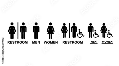 Row of restroom and gender icons displaying Restroom, Men, Women, and accessibility signage in a linear sequence for signage design.