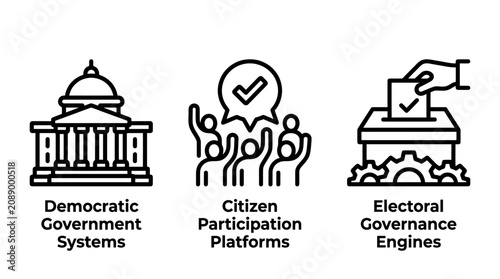 Democratic governance icons set featuring government buildings citizen participation platforms electoral voting systems democracy government election participation citizenship politics
