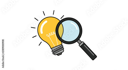 Foto Magnifying glass examining a glowing light bulb representing idea discovery and