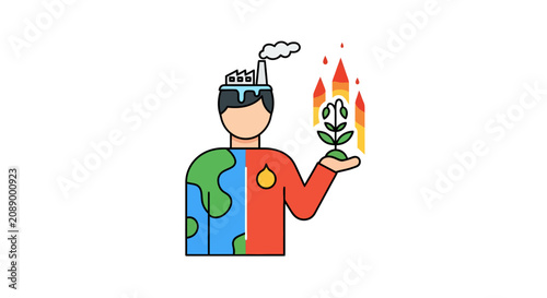 Obraz na plátně Man with divided body showing Earth and industry vs