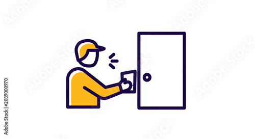 Person in yellow shirt wearing cap ringing doorbell on a white background icon style