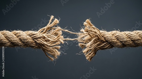 Close up macro shot of a thick natural fiber rope breaking apart under extreme tension frayed ends fraying against a dark gray background symbolizing stress with dramatically separating
