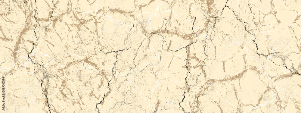 Fototapeta premium Wide textured background with a cracked beige surface. Marble slab texture. Abstract grunge surface with many chaotic white cracks.
