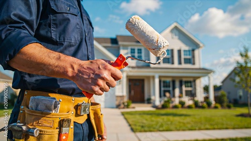Professional house painter holding paint roller in front of modern suburban home