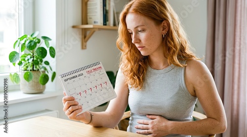 Red haired woman in sleeveless gray top examining a calendar with question marks for september 2023 sitting at a wooden table in a bright cozy room with a green plant on the windowsill with relaxation