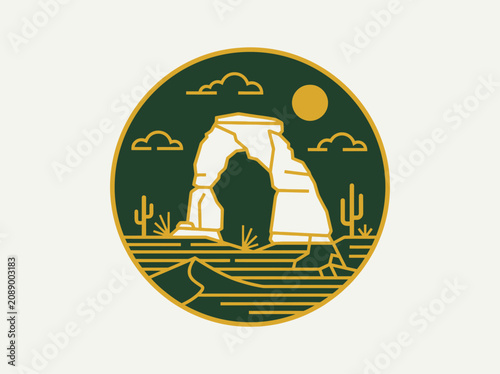 Obraz na płótnie Minimalist Desert Arch Badge Illustration Featuring Southwest Landscape, Cacti,