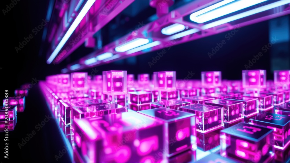 Fototapeta premium Neon cubes extend into darkness. Bright pink, blue lights illuminate complex structure. Futuristic design, digital aesthetic.