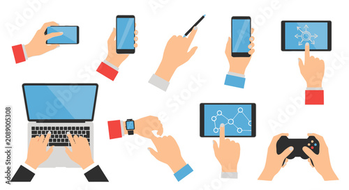 Collection of hands holding various modern devices.