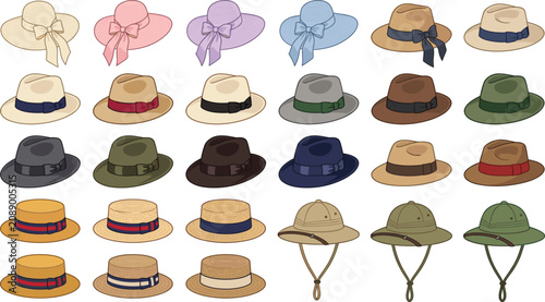 Tableau sur toile Summer Hat Collection Vector Set Featuring Sun Hats Fedoras Panama Hats Straw Bo