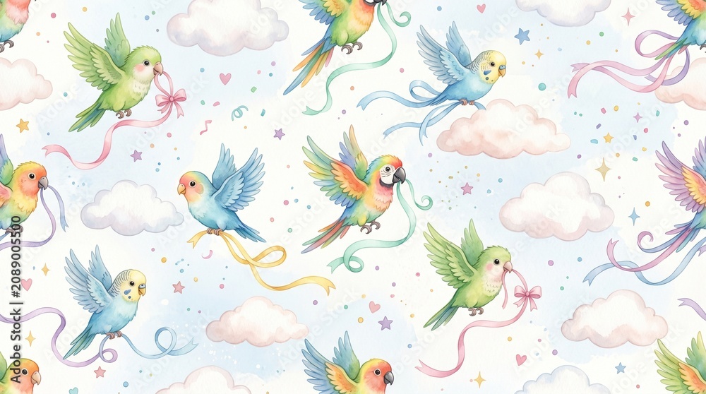 Fototapeta premium Seamless Watercolor Pattern of Cute Parrots Flying in Clouds