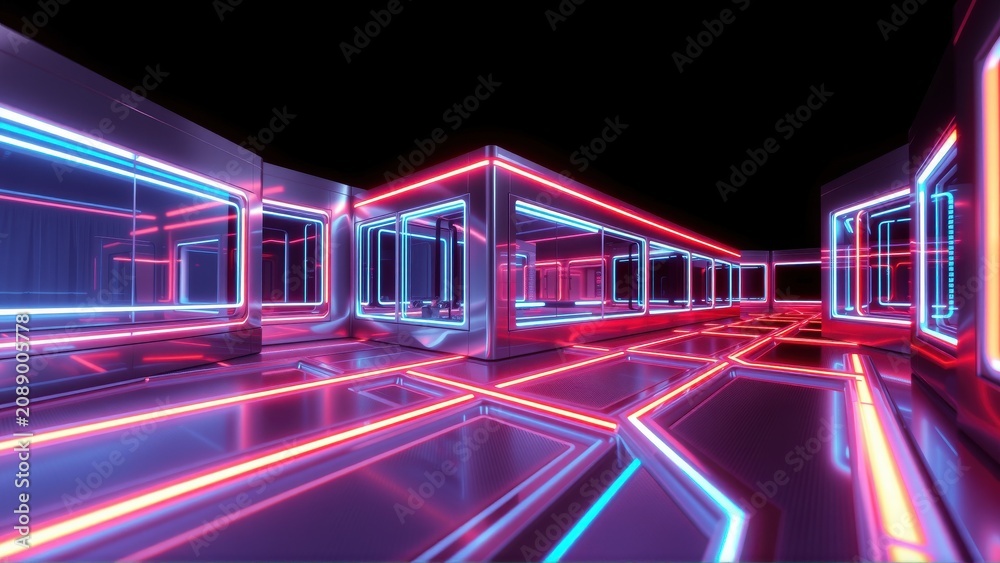 Fototapeta premium Futuristic corridor glows with vibrant neon lights. Geometric patterns create depth, extending into darkness. Sleek design, modern aesthetic.