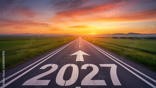 Open Highway Leading to Glowing Sunset Over Green Fields for 2027 New Year Fresh Starts and Forward Moving Journey Concepts