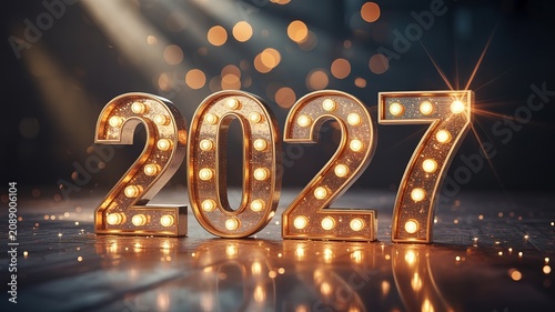 New Year 2027 Glowing Gold Marquee Numbers on Reflective Surface with Warm Bokeh Lights for Festive Greeting Cards Party Posters and Celebration Designs