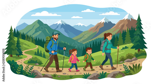 Happy Family day 2026 Family Hiking, Outdoor Adventure, Mountain Trail, Vector Illustration isolated on White Background nice flat vector