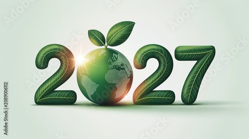 New Year 2027 Eco Themed Design with Leaf Textured Numerals Sprouting Globe and Warm Sun Flare for Sustainable Greeting Cards Posters and Digital Campaigns