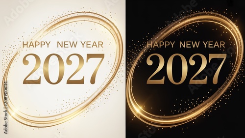 Luxurious 2027 New Year greeting designs with glowing golden swirl frames and glitter accents in light and dark backgrounds for festive invitations cards and digital banners